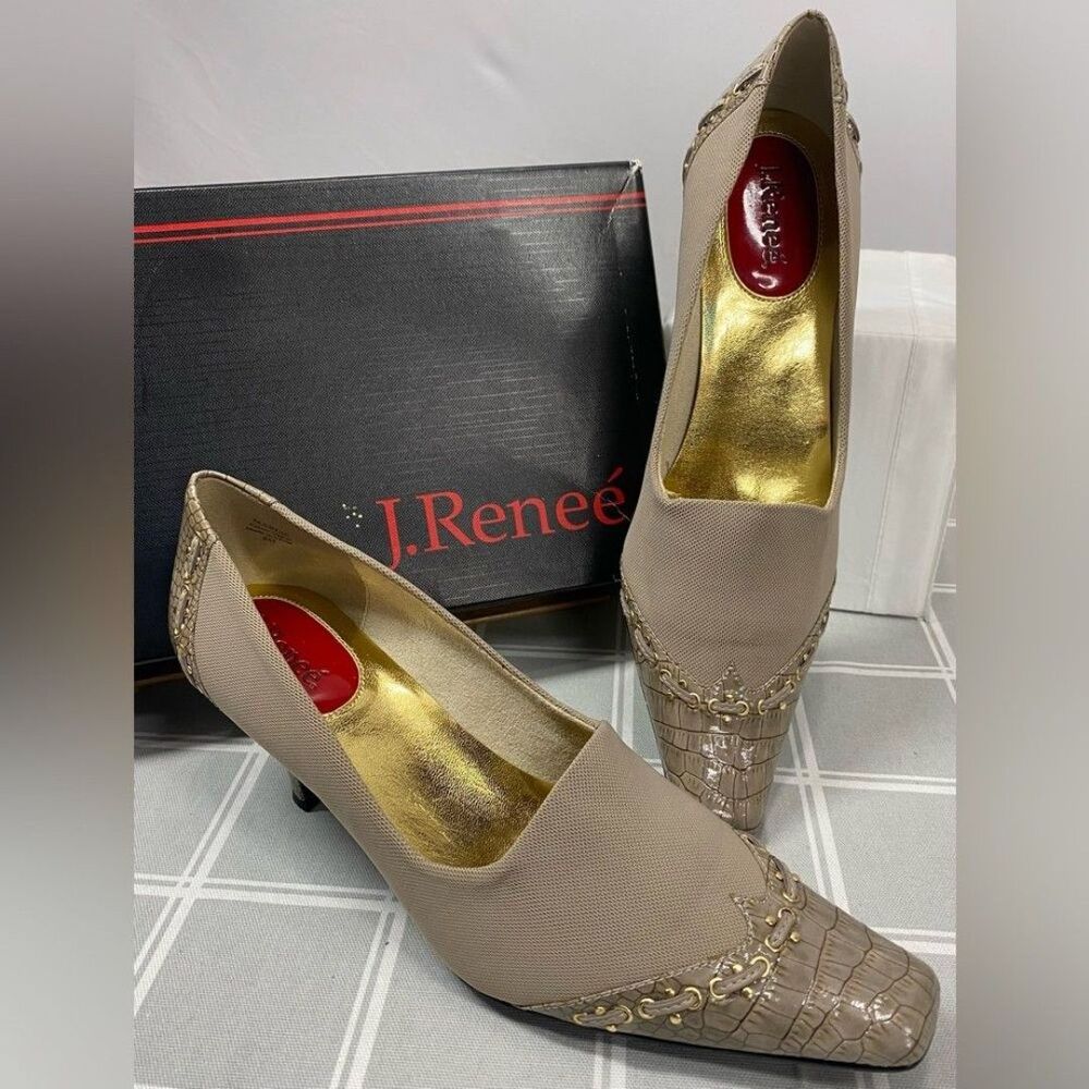 J Renee Marlie Taupe Lizard Patent Leather Stretch Fabric Heels Vtg Womens Shoes